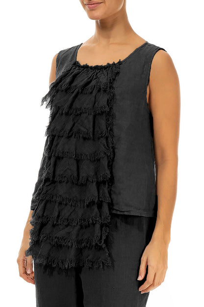 Ruffled Fringed Black Linen Blouse 3