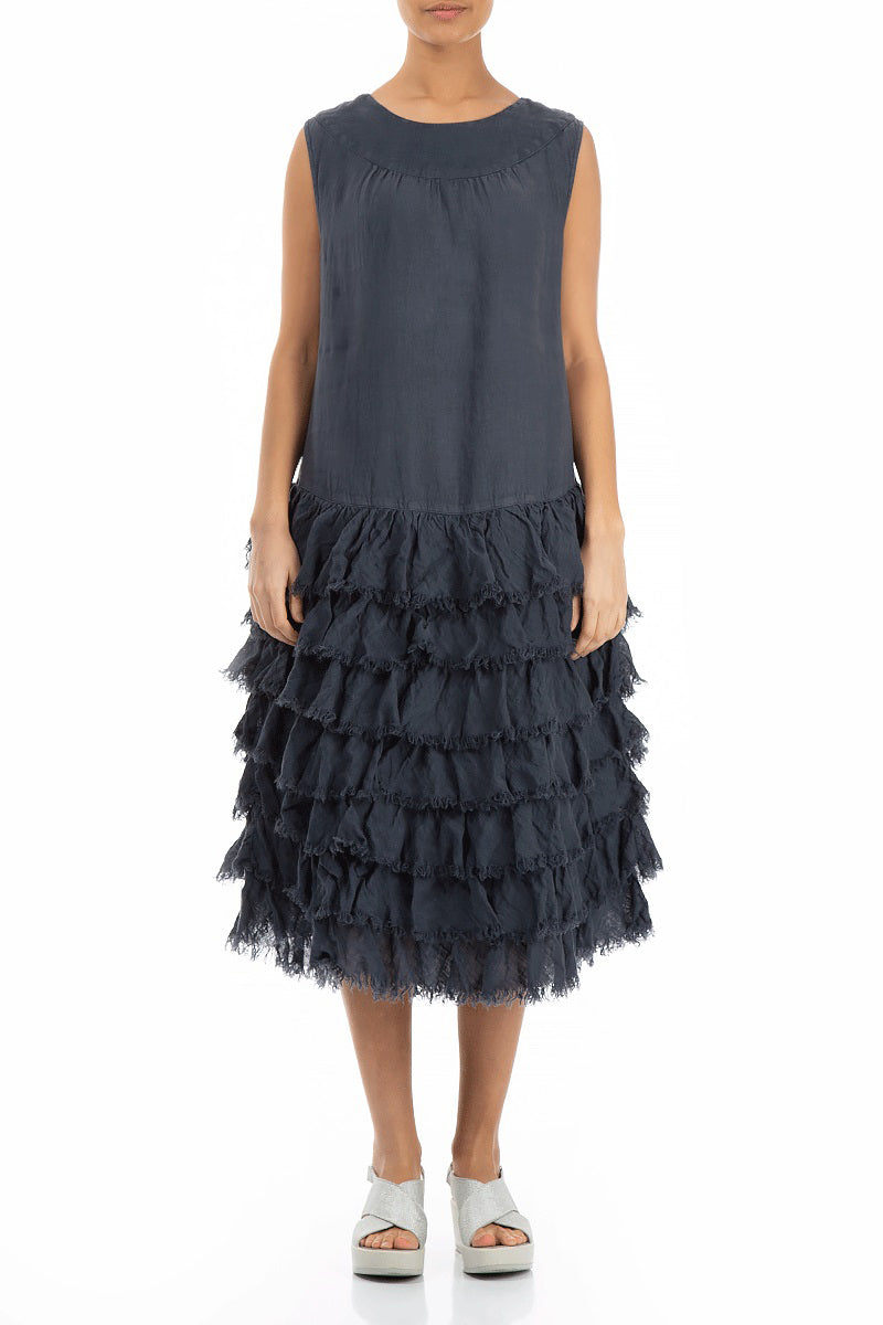 Ruffled Graphite Gauze Linen Dress 1