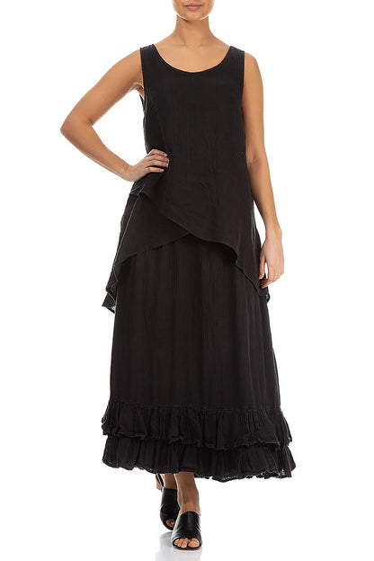 Ruffled Hem Black Gauze Linen Maxi Skirt 4