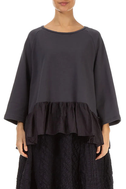 Ruffled Hem Graphite Cotton Blouse 1