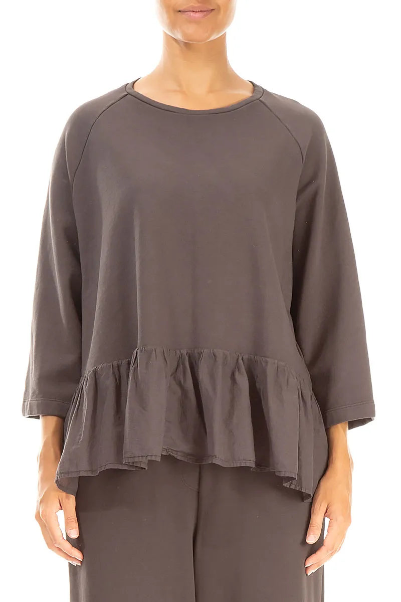 Ruffled Hem Forest Brown Cotton Blouse 1