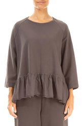 Ruffled Hem Forest Brown Cotton Blouse 1