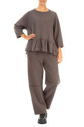 Ruffled Hem Forest Brown Cotton Blouse 4