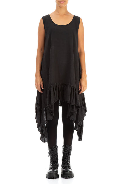 Ruffled Hem Sleeveless Black Linen Tunic Dress 1