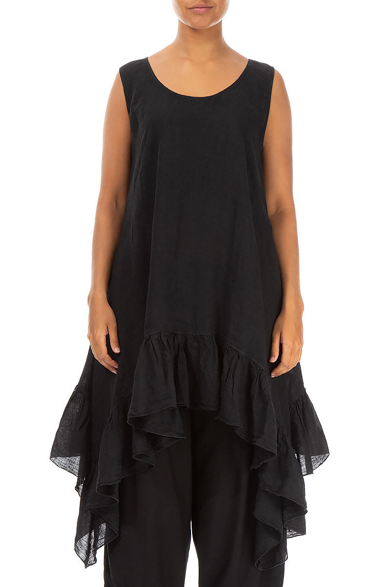 Ruffled Hem Sleeveless Black Linen Tunic Dress 1