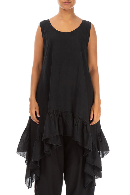 Ruffled Hem Sleeveless Black Linen Tunic Dress 1