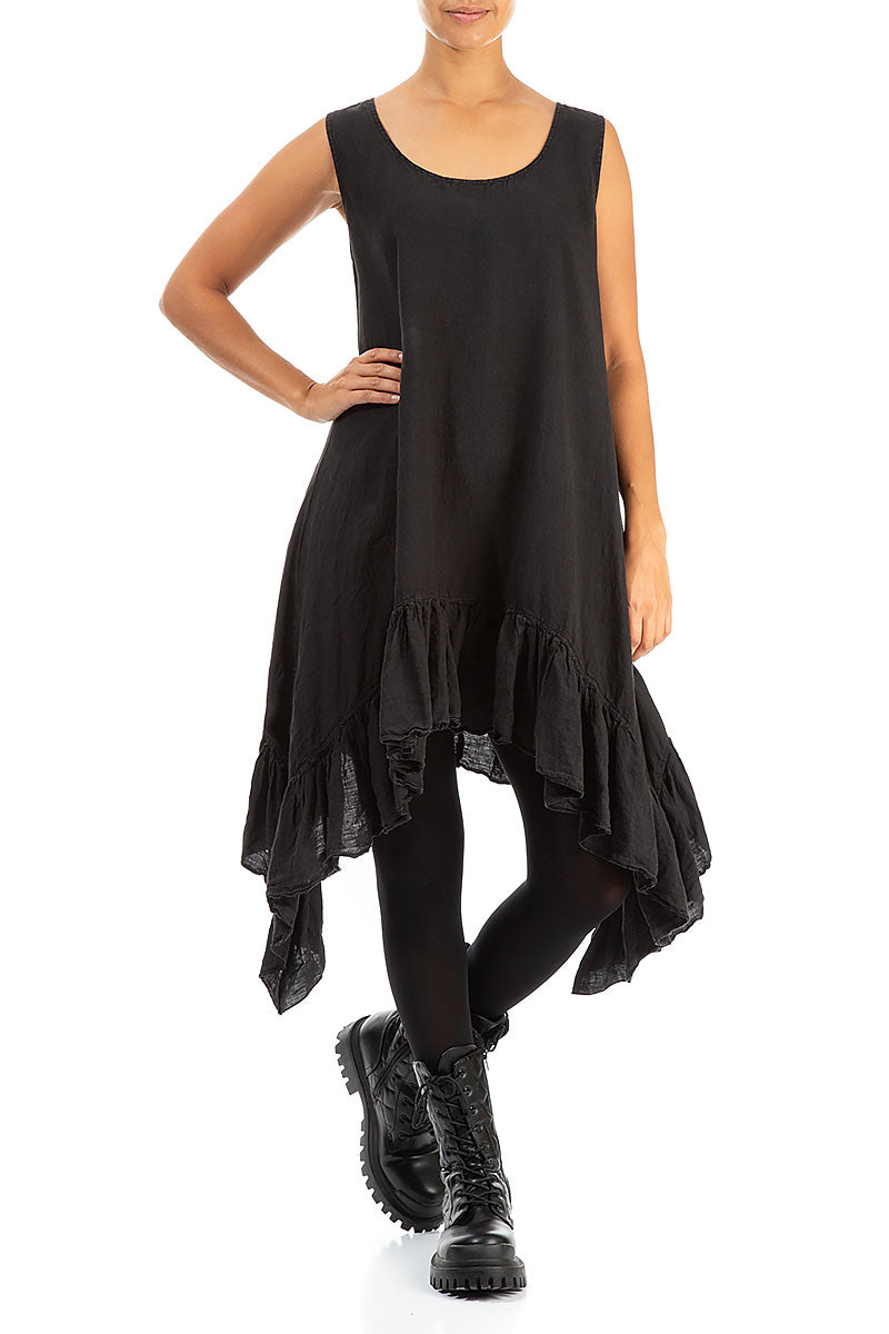 Ruffled Hem Sleeveless Black Linen Tunic Dress 4