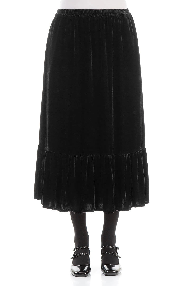 Ruffled Hemline Black Silk Velvet Skirt