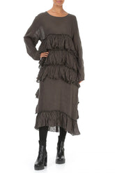 Ruffled Layers Khaki Gauze Linen Dress 4