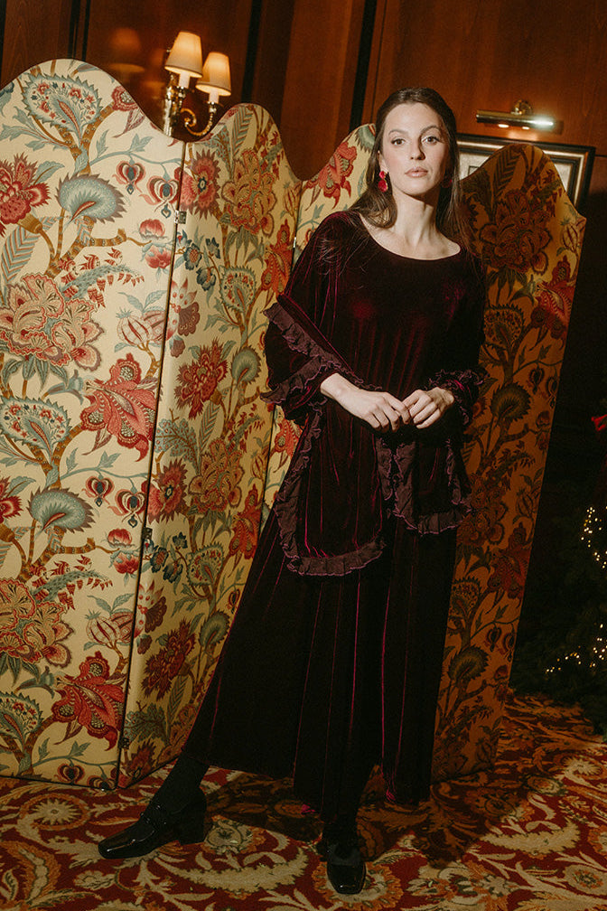 Ruffled Magenta Silk Velvet Scarf 1