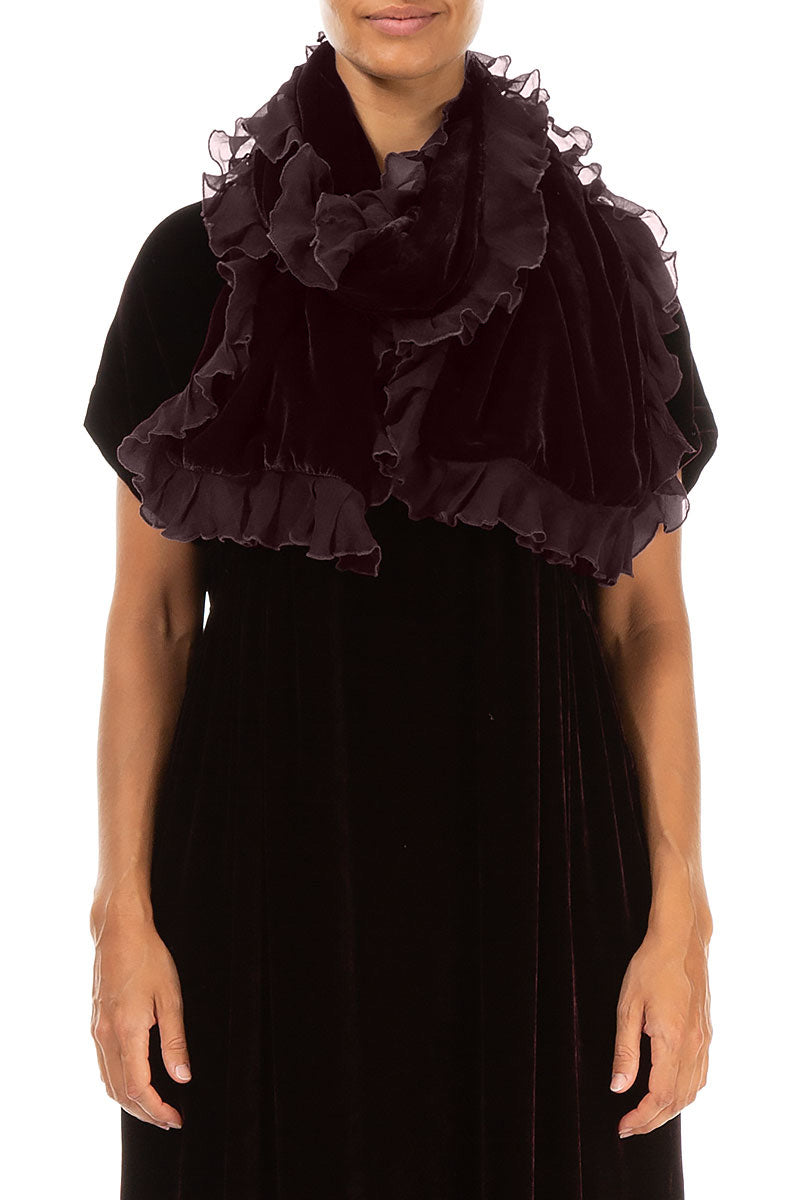 Ruffled Merlot Silk Velvet Scarf 1