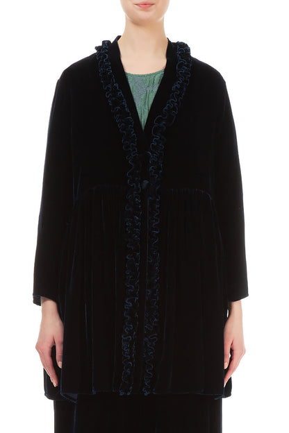 Veste en velours de soie bleu marine à volants