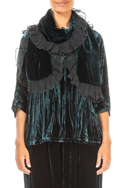 Ruffled Peacock Silk Velvet Scarf 1