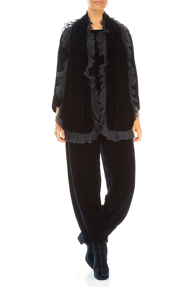 Écharpe en velours de soie bleu roi à volants