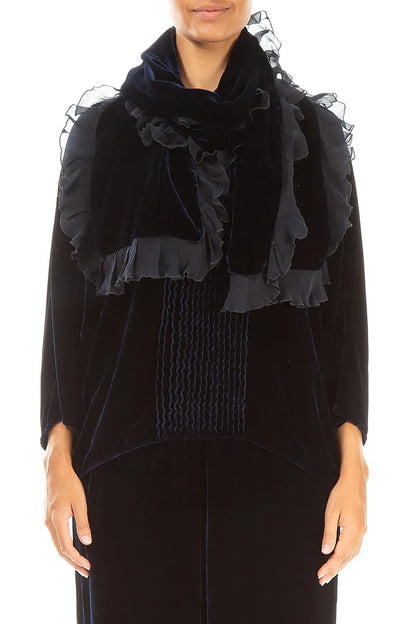 Écharpe en velours de soie bleu roi à volants