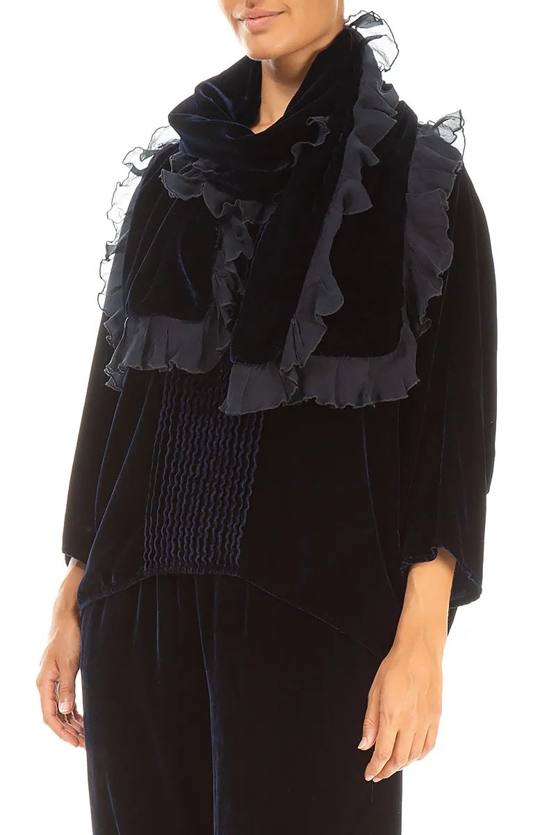 Écharpe en velours de soie bleu roi à volants