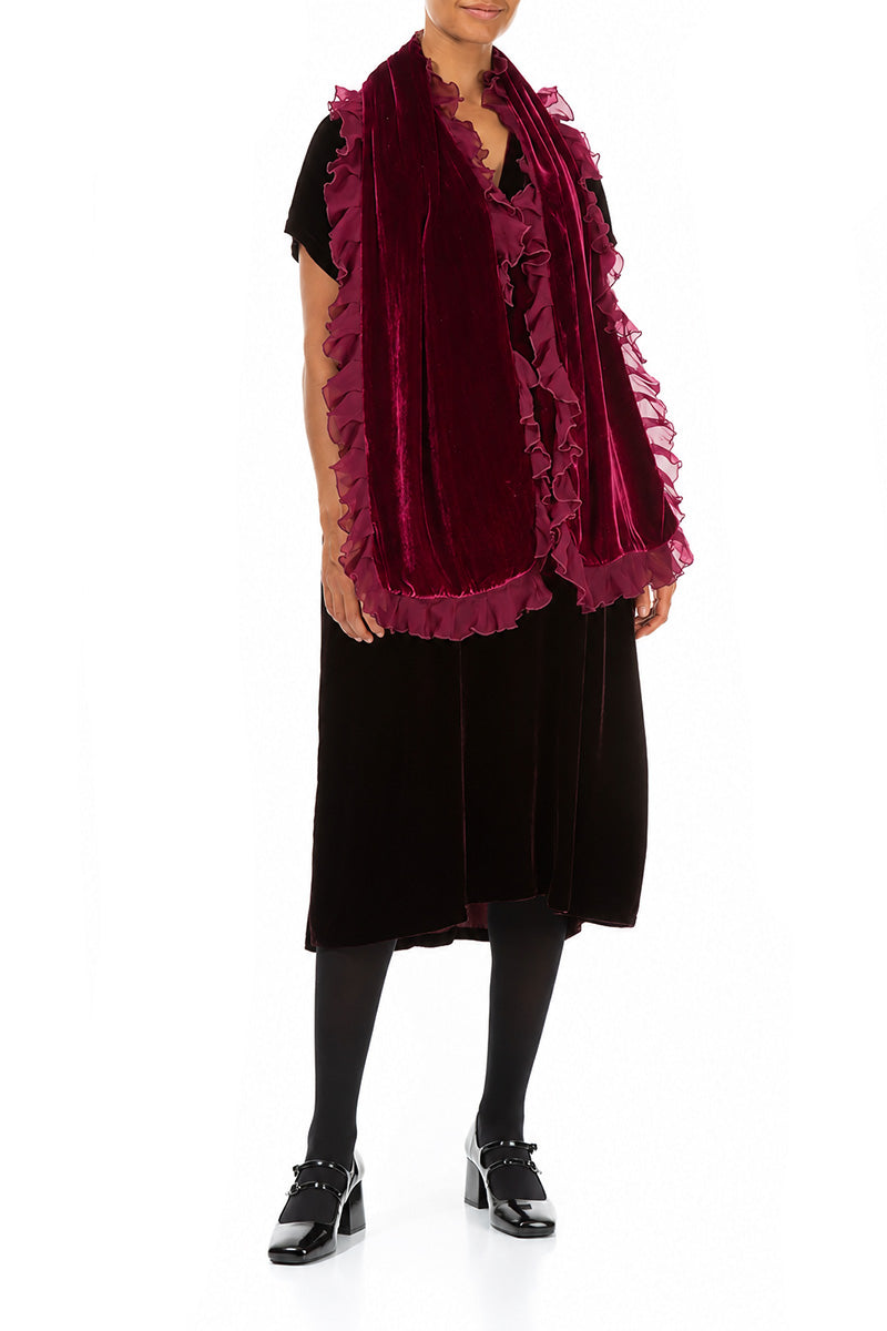 Ruffled Ruby Silk Velvet Scarf 2