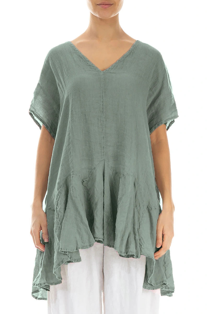 Ruffled Sage Gauze Linen Blouse
