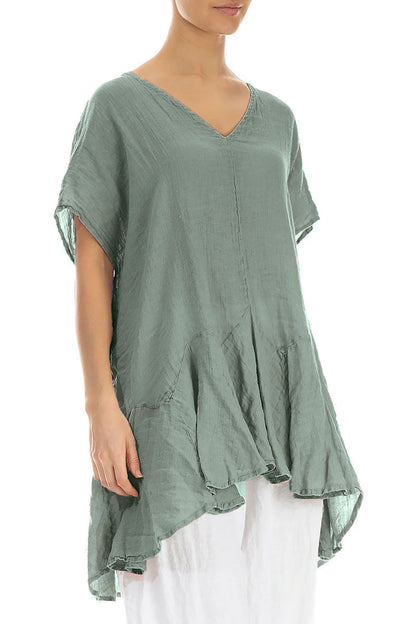 Ruffled Sage Gauze Linen Blouse