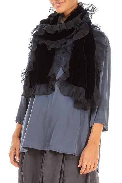 Ruffled Slate Blue Silk Velvet Scarf 3