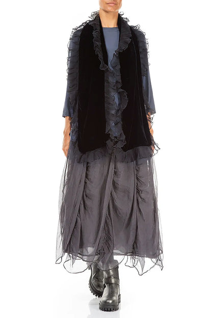 Ruffled Slate Blue Silk Velvet Scarf 2