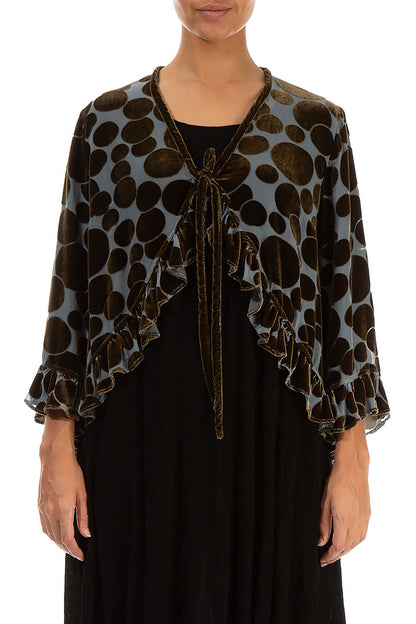 Ruffled Tie-Up Devoré Bubbles Golden Sage Silk Velvet Jacket 2