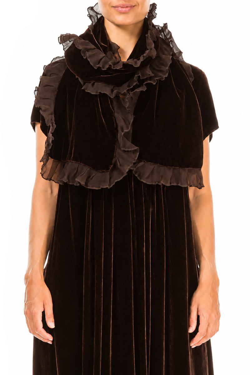 Ruffled Truffle Brown Silk Velvet Scarf