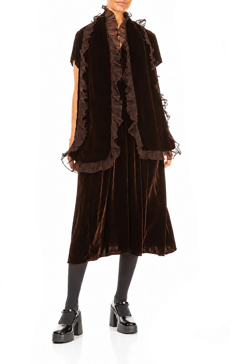 Ruffled Truffle Brown Silk Velvet Scarf 2
