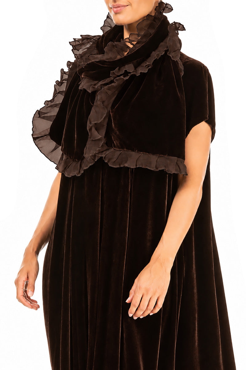Ruffled Truffle Brown Silk Velvet Scarf 3