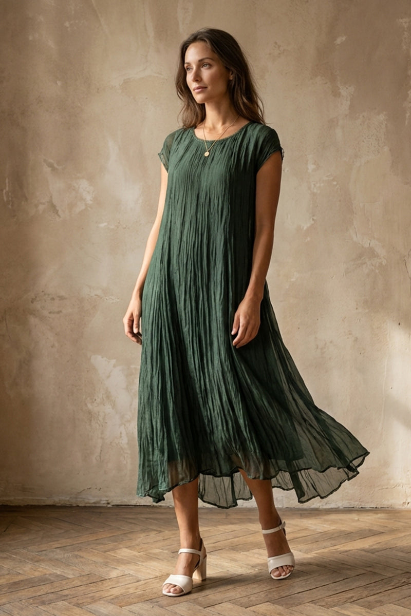 Sage Crumpled Silk Chiffon Dress