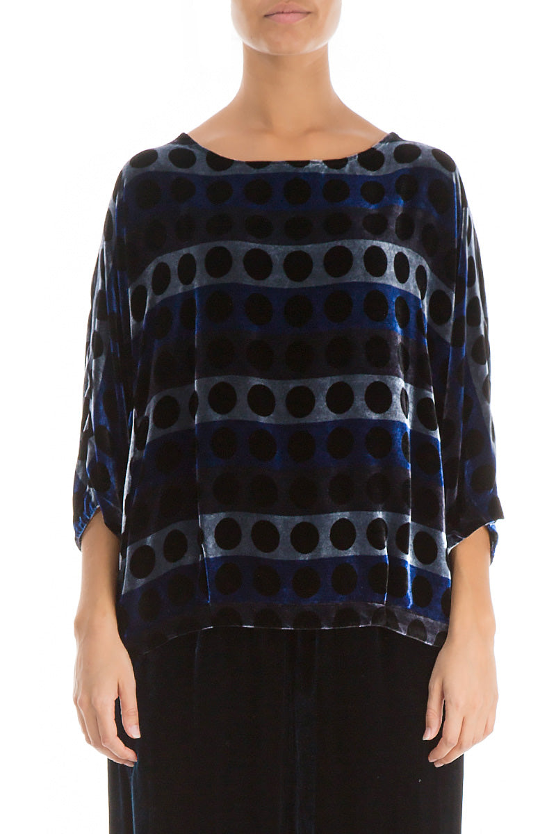 Short Blue Circles Silk Velvet Blouse