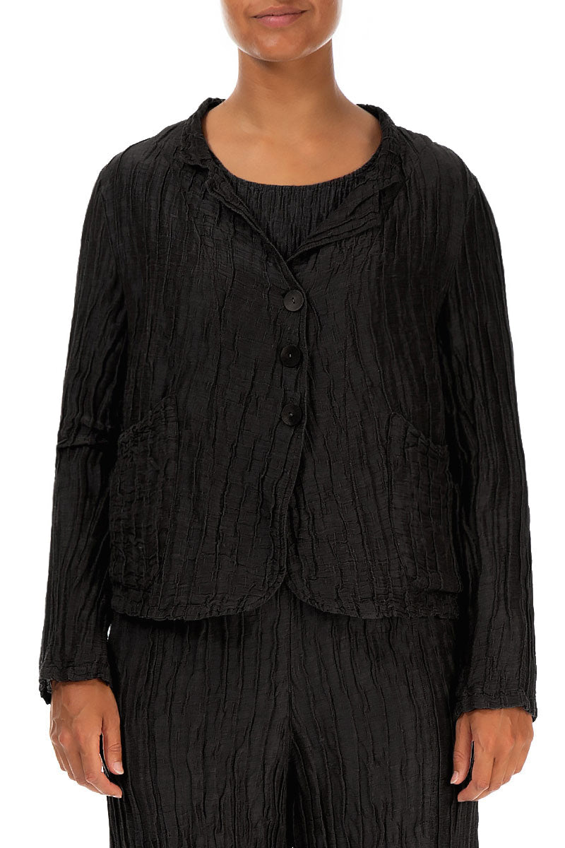 Veste courte noire en Soie et Lin Froissé