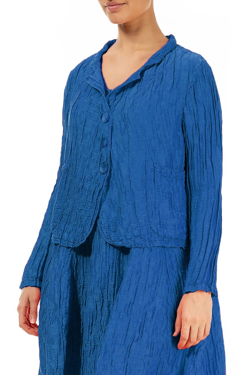 Veste courte en soie et lin bleu cobalt froissé