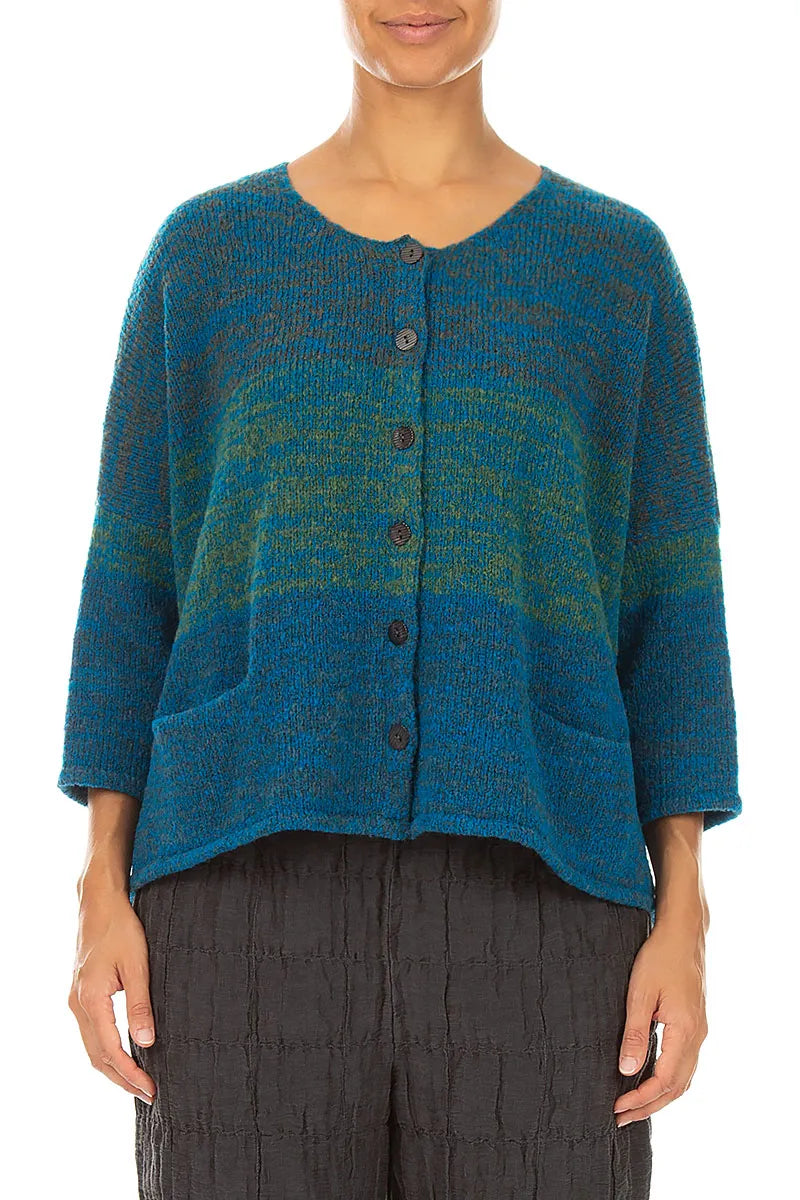 Lockere Strickjacke aus melierter tealfarbener Wolle
