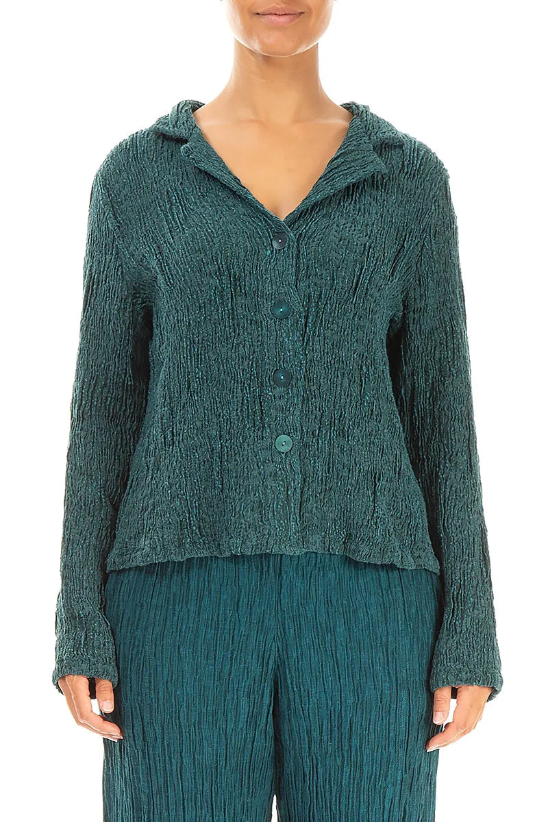 Veste courte en lin et soie texturée à motif paon