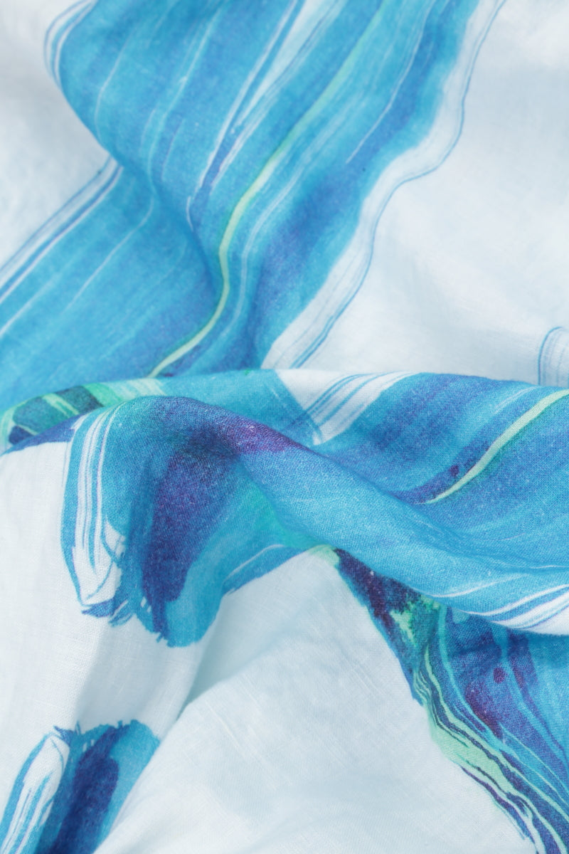 Short Sleeves Balloon Blue Brushstroke Linen Dress