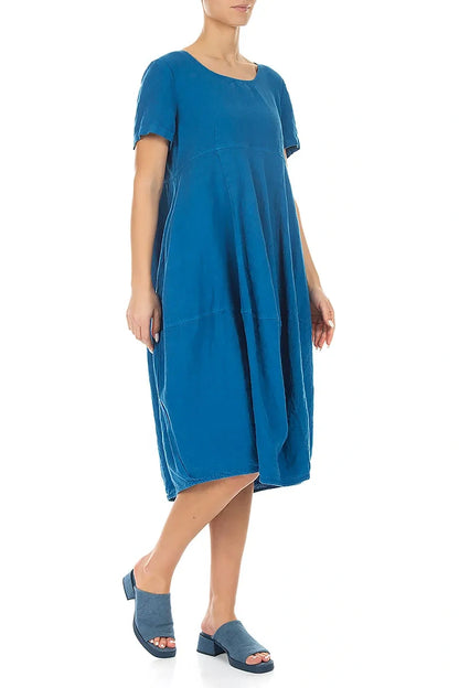Short Sleeves Balloon Cobalt Blue Linen Dress 3
