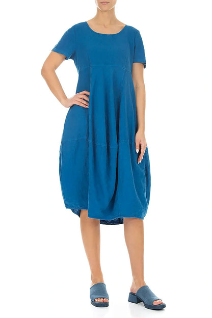 Short Sleeves Balloon Cobalt Blue Linen Dress 4