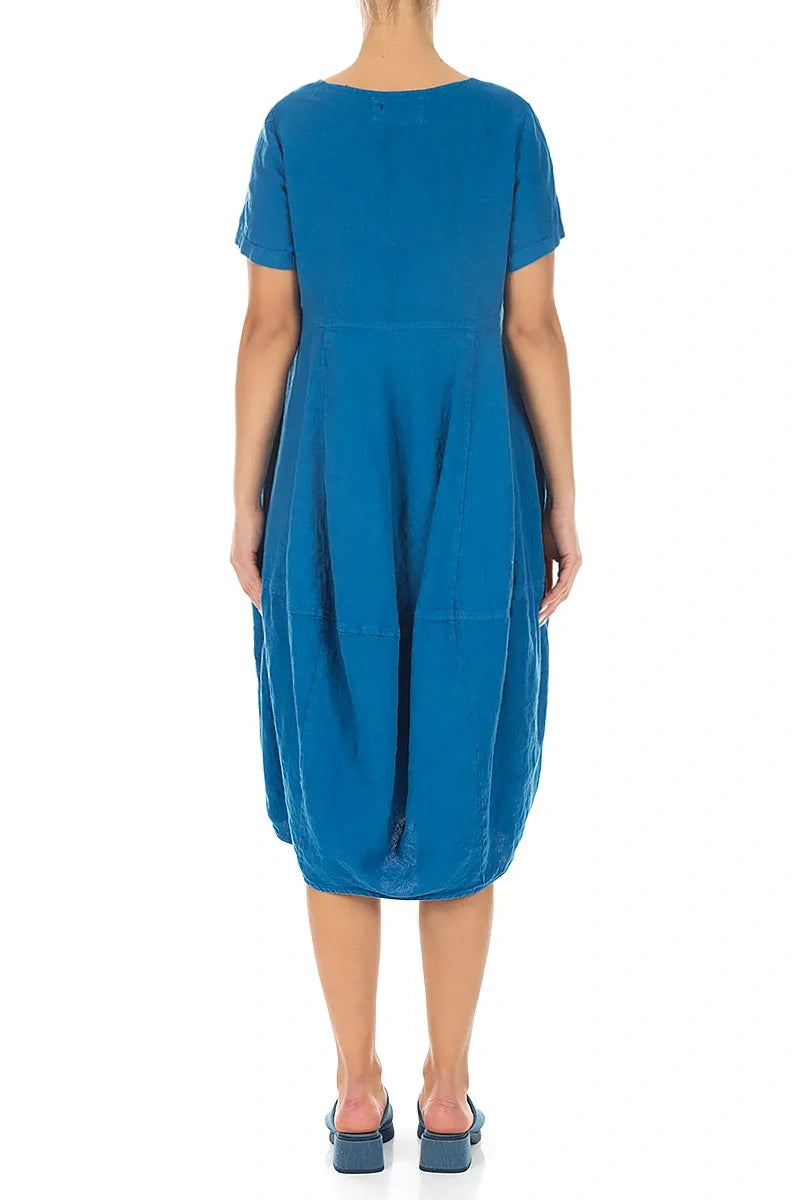 Short Sleeves Balloon Cobalt Blue Linen Dress 2