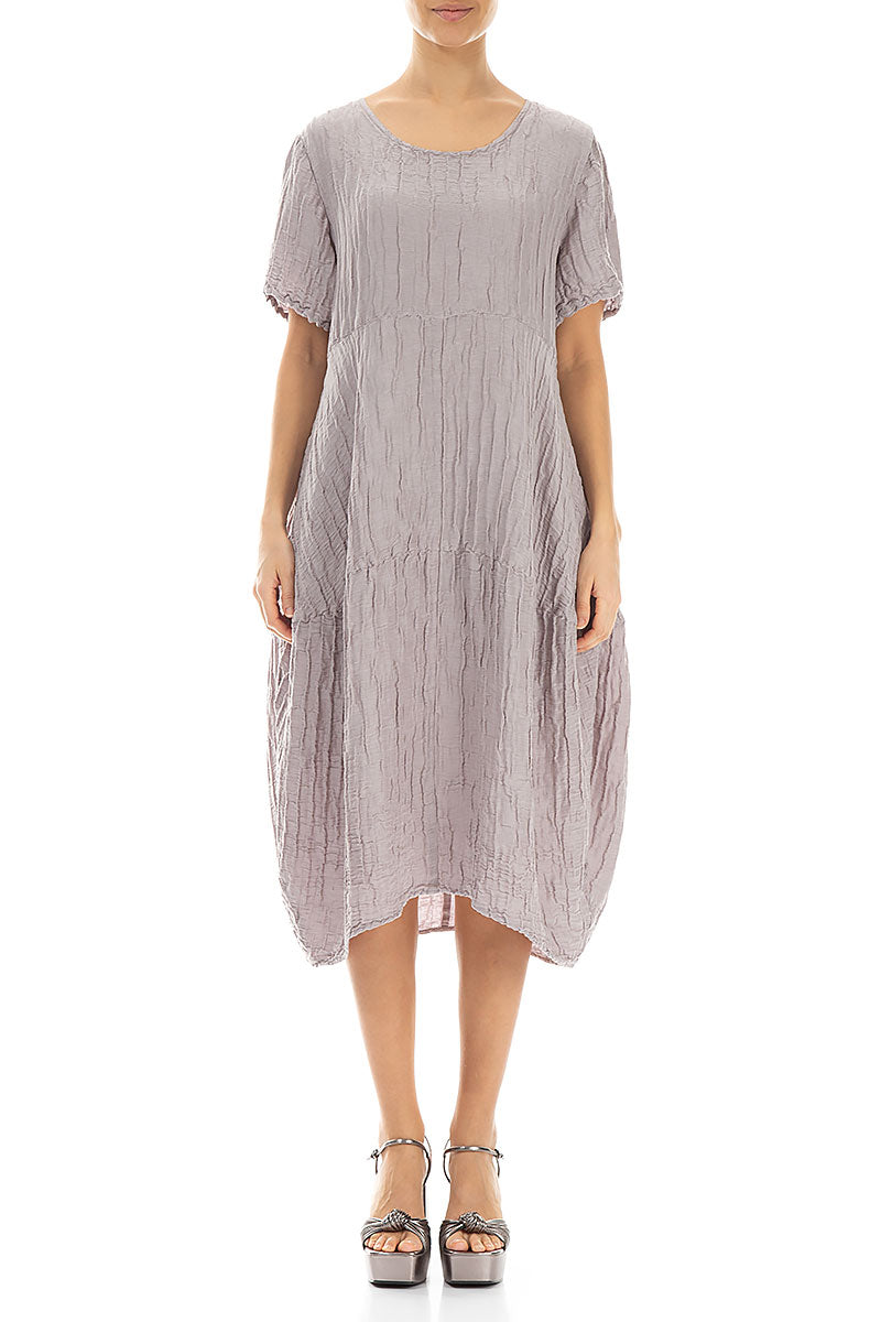 Short Sleeves Balloon Crinkled Greige Silk Dress 1