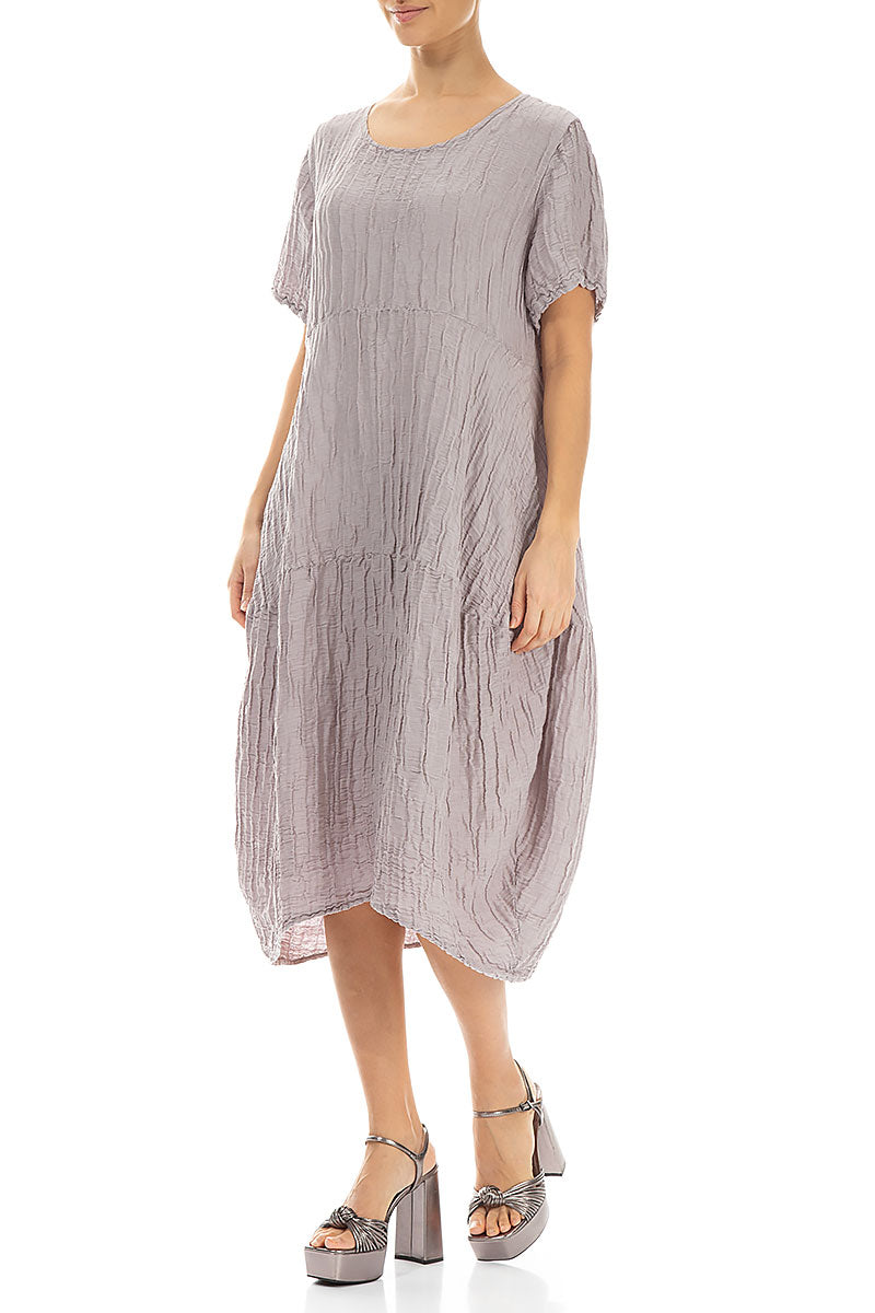 Short Sleeves Balloon Crinkled Greige Silk Dress 3