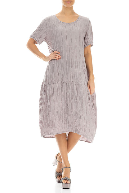 Short Sleeves Balloon Crinkled Greige Silk Dress 4