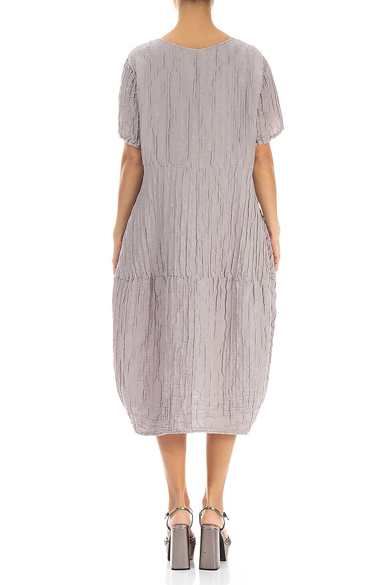 Short Sleeves Balloon Crinkled Greige Silk Dress 2