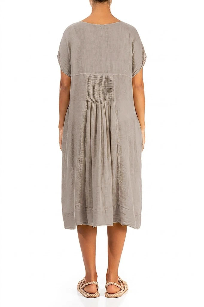 Short Sleeves Beige Gauze Linen Midi Dress 2