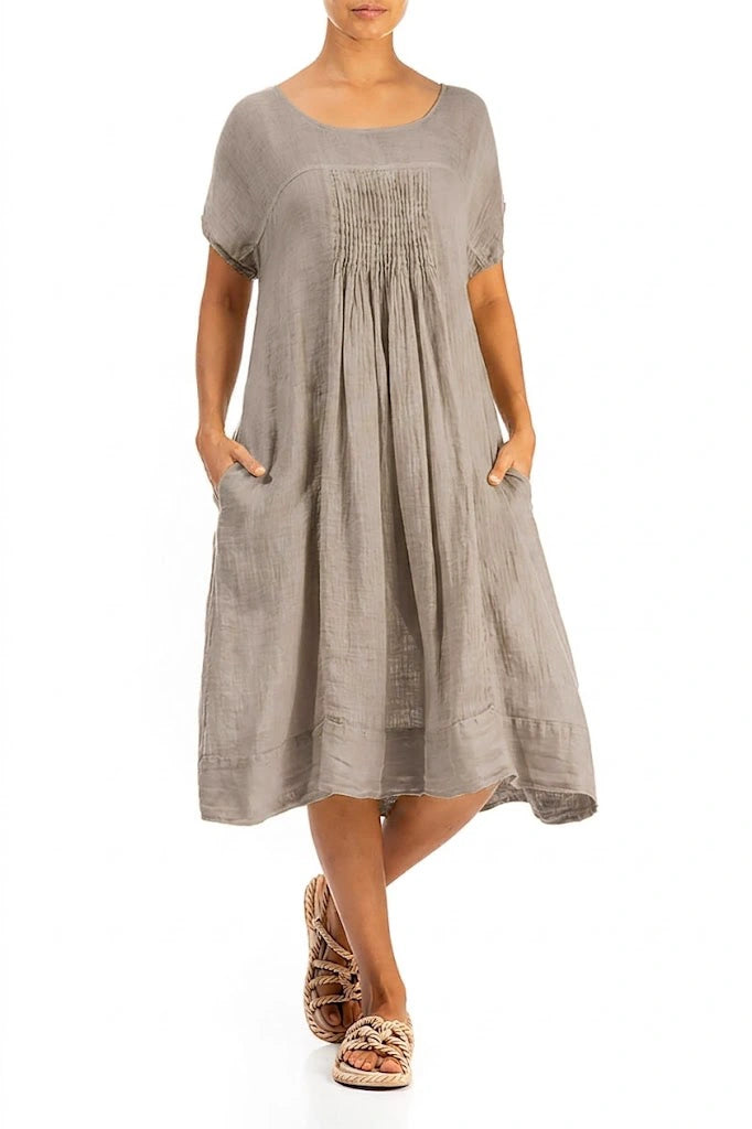 Short Sleeves Beige Gauze Linen Midi Dress 3