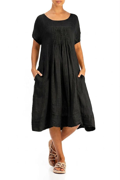 Short Sleeves Black Gauze Linen Midi Dress 3