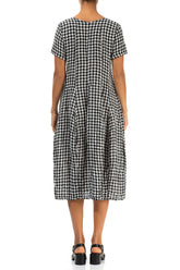 Short Sleeves Black & White Check Linen Dress 2