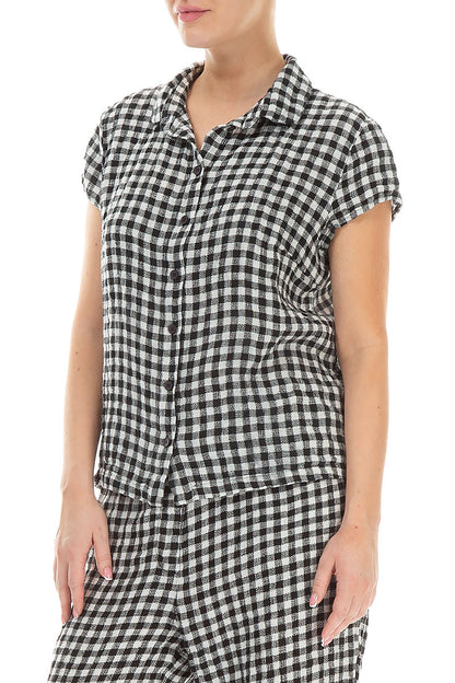 Short Sleeves Black &amp; White Check Linen Jacket 3