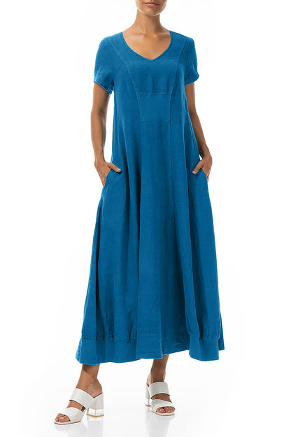 Robe longue en lin bleu cobalt à manches courtes
