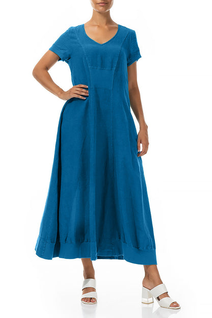 Robe longue en lin bleu cobalt à manches courtes
